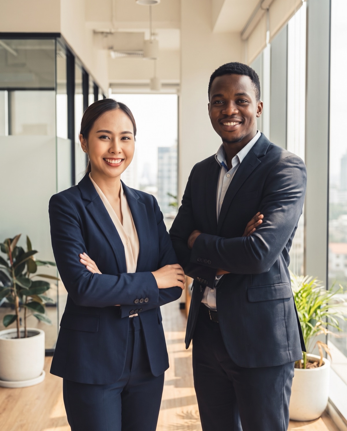 Two smiling professionals in business attire standing in a bright modern office
